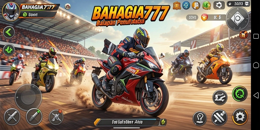 Tampilan gameplay BAHAGIA777 dengan aksi balapan motor yang mendebarkan.