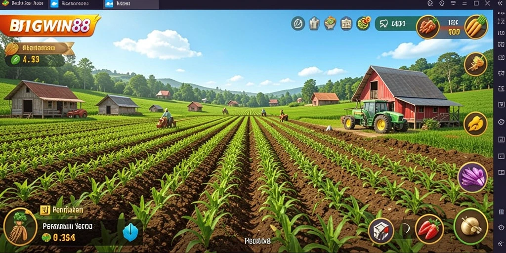 Screenshot gameplay BIGWIN88 menunjukkan para pemain sedang bercocok tanam di kebun virtual.