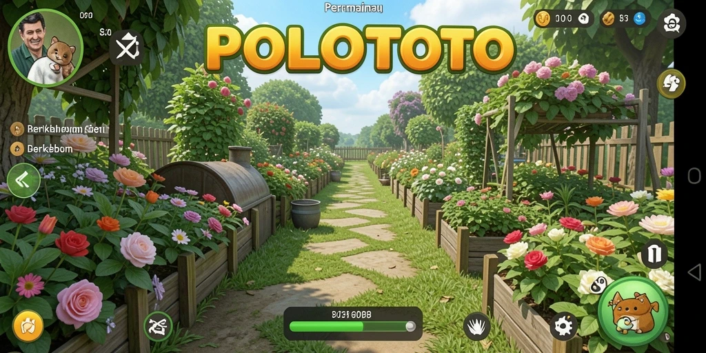 Tampilan screenshot gameplay POLOTOTO menampilkan ladang yang subur dan hewan ternak.