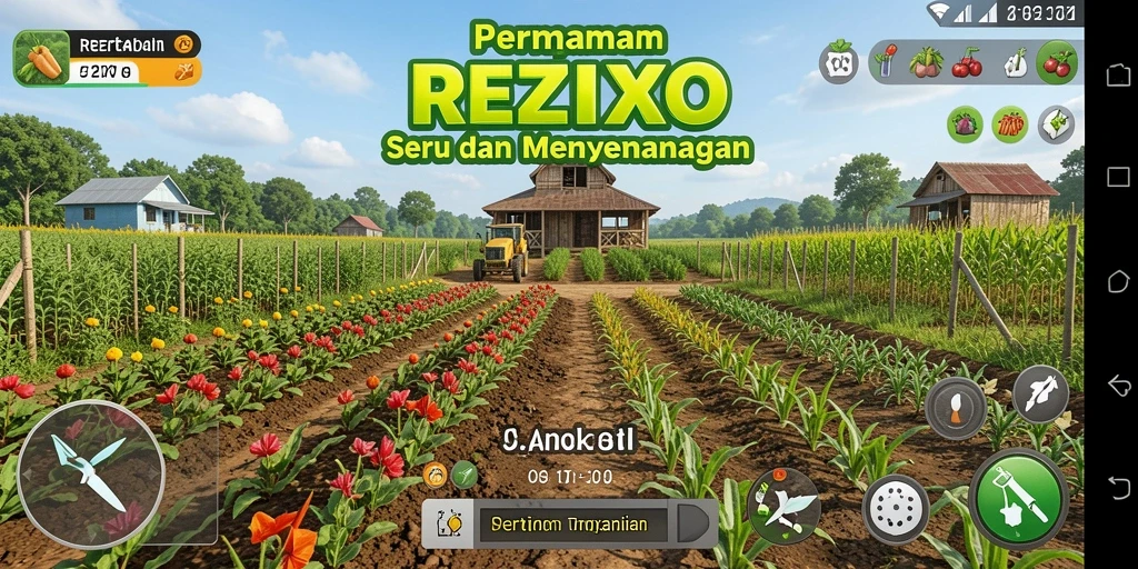 Tampilan gameplay <strong>REZIXO</strong> yang menampilkan pertanian yang indah dan produktif.