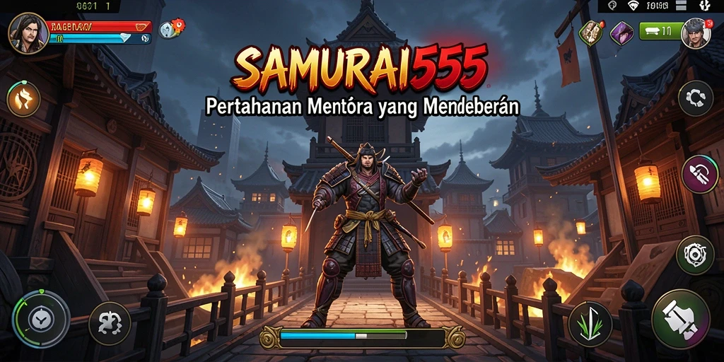 Screenshot gameplay SAMURAI555 yang menampilkan pertahanan menara yang strategis.